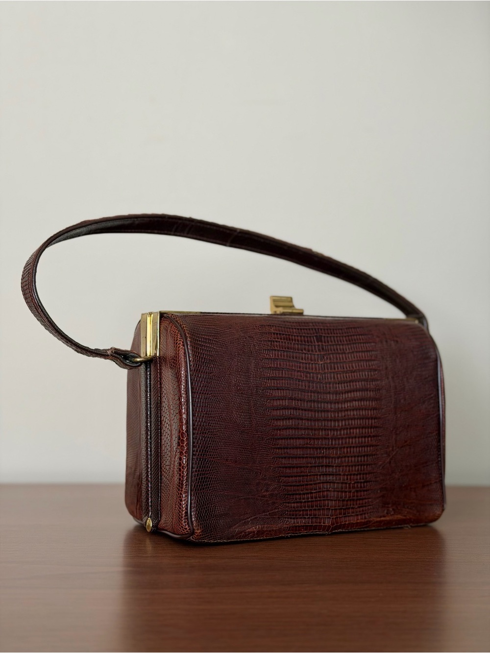 Vintage Brown Reptile Embossed Leather Structured Handbag